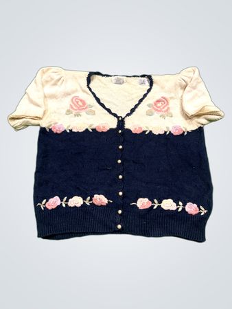 Margules Damen Creme- und Marineblauer Blumenbestickter Cardigan