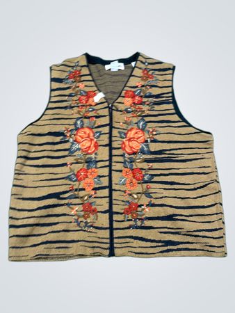 Alfred Dunner Tiger Stripe Floral Embroidered Zip Front Vest