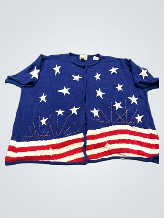 Der Quaker Factory 3X 55% Ramie 45% Baumwolle blaue amerikanische Flaggen-Pullover