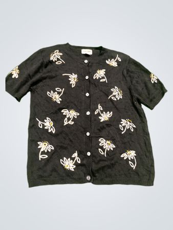 Alfred Dunner Schwarze Bestickte Florale Kurzarm-Cardigan
