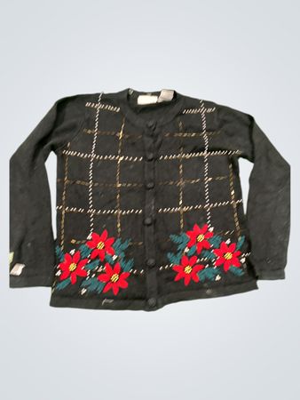 Weißer Stag Schwarzer Cardigan mit Weihnachtsstern und Karodesign