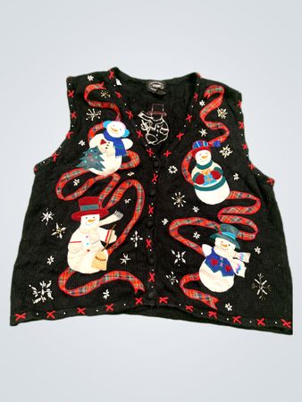 Schwarzer ärmelloser Pullover mit Schneemännern und Bändern