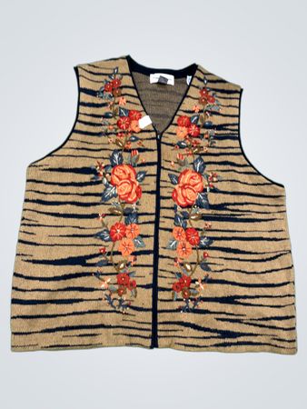 Alfred Dunner Damen Tigerstreifen Floral Bestickte Zip-Weste