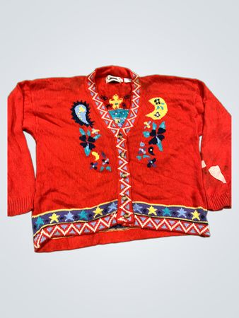 Roter bestickter Cardigan mit Mond- und Paisleymotiven