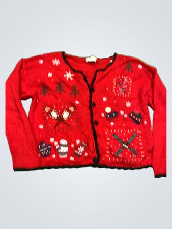 Basic Editions Urlaubsroter Strickpullover mit Winterlandschafts-Applikationen