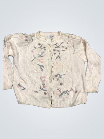 Margules Women's White Cable Knit Floral Embroidered Cardigan Sweater