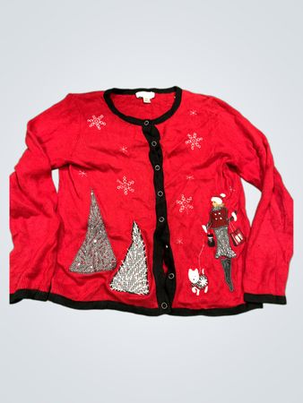 Christopher & Banks Petite Roter Schneeflocken- und Weihnachts-Szenen-Cardigan
