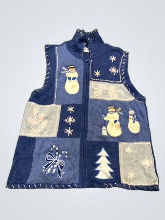 Blaues Urlaubsweste mit Schneemann, Zuckerstange und Weihnachtsbaum-Applikationen