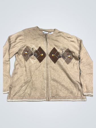 Croft & Barrow Damen Tan Argyle Vogel Bestickter Zip-Up Cardigan Pullover