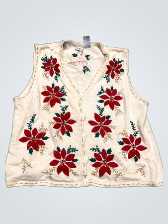 Bobbie Brooks Damen Creme Poinsettia Bestickte Knopf-Front Weste