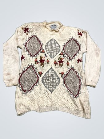 Cabin Creek Damen Cream Kabelstrickpullover mit floraler Stickerei