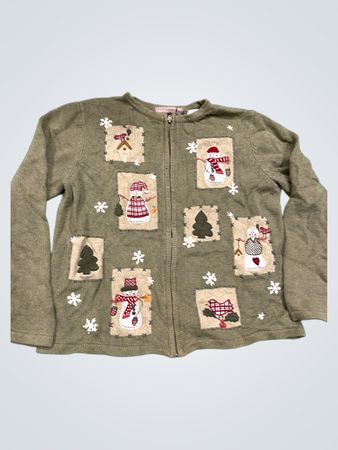 Croft & Barrow Damen Grüner Schneemann Applikation Zip-Up Cardigan