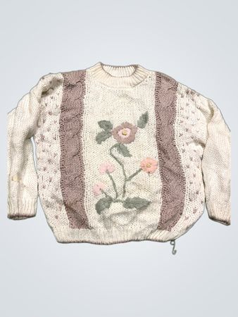Colleen's Collectables Damen Creme Kabelstrick Blumensweater