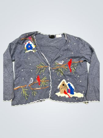 Studio Joy Blau Besticktes Vogelhaus und Kardinal Cardigan