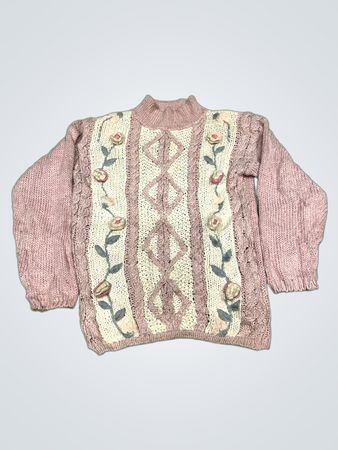 Needles & Yarn Pink Floral Cable Knit Mock Neck Sweater