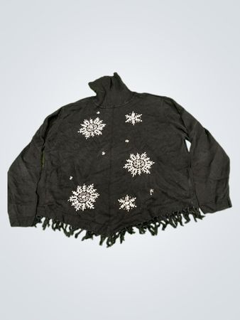 Schwarzer Schneeflocken Rollkragenpullover mit Fransen