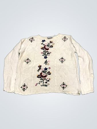 Blair Damen weißer gestickter floraler Kabelstrickpullover
