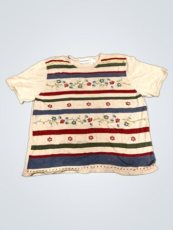 Alfred Dunner Damen gestreifter, floral bestickter Stricktop