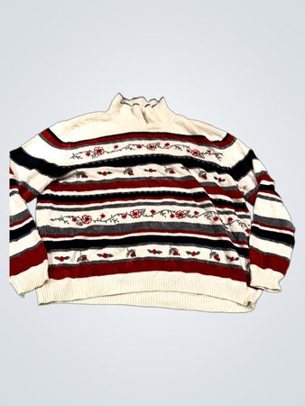 Cremfarbener und rot gestreifter Pullover mit hohem Kragen und floraler Stickerei