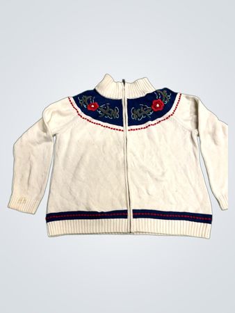 Talbots Damen Weißer Strickzipper mit Floralstickerei