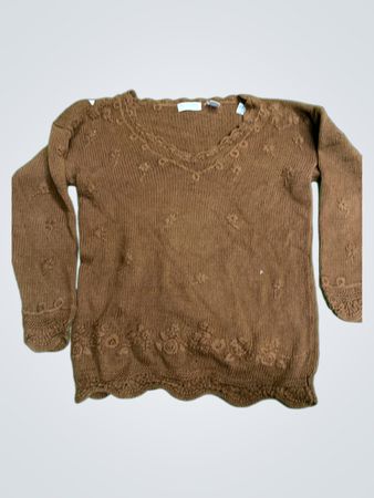 Express Ricot Brauner Strickpullover mit floralem Design