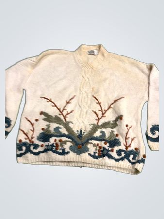 Jennifer by Hand Creme Strickpullover mit blauer und brauner Stickerei