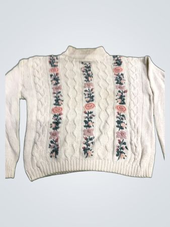 St. John Cream Cable Knit Floral Embroidered Sweater