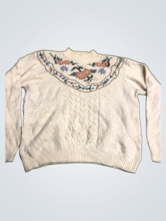 Alfred Dunner Damen Creme Floral Bestickter Kabelstrickpullover