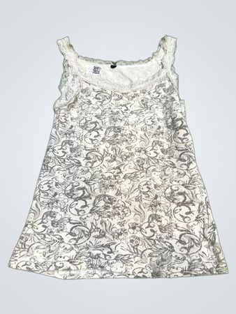 Weißes Tanktop mit grauem Blumendruck und Spitzenbesatz