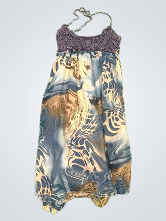 Blaud und braun abstraktes Druck-Maxikleid mit Häkeloberteil