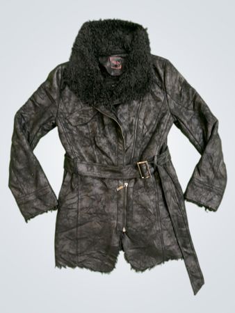 City Gals Women's Black Faux Leather Belted Jacket with Fur Collar