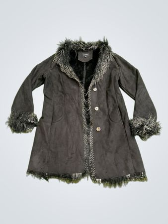 CAROLL Black Faux Suede Fur Trimmed Coat