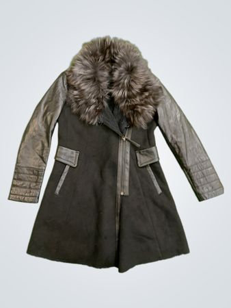 ARDENTMIZ Women's Black Wool Blend Coat with Faux Fur Collar and Leather Sleeves