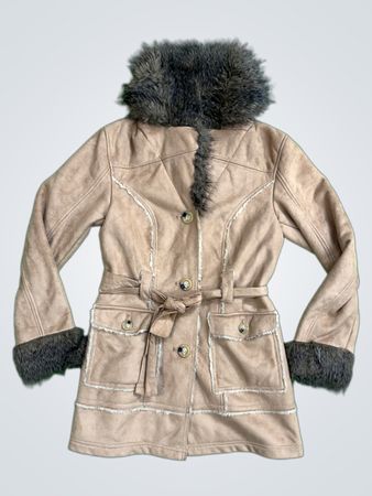 Yessica Special Selection Women's Faux Suede Fur Trimmed Belted Coat