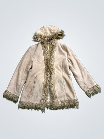 Beige hooded jacket with faux fur trim