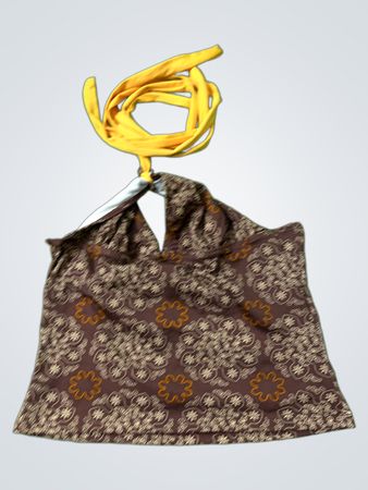 Braunes Halterneck-Top mit gelben Bändern und Blumenmuster