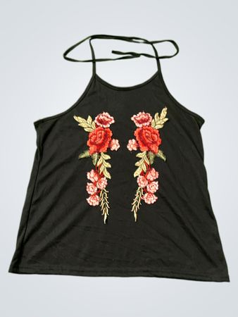 Schwarzes Trägershirt mit floralem Stickerei