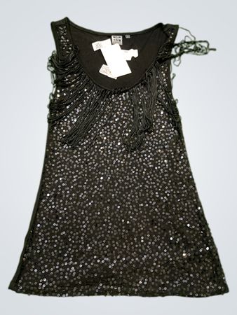 WALK AND TALK Schwarzes Pailletten Fransen Tank Top