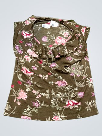 Vintage Vanguard Braunes Florales Rüschenausschnitt Ärmelloses Oberteil