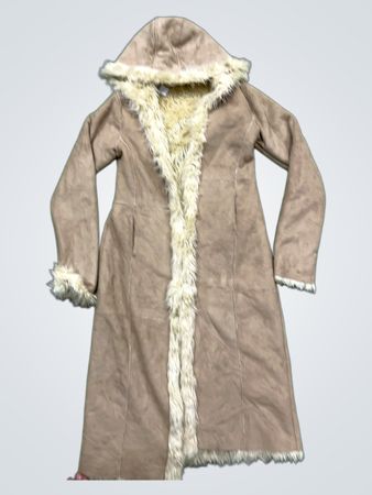 FOXHOLE Women's Suede Faux Fur Trim Hooded Long Coat
