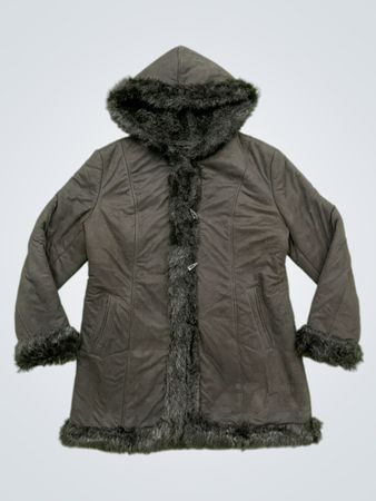 Black hooded coat with faux fur trim