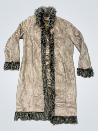 Long brown coat with fur trim