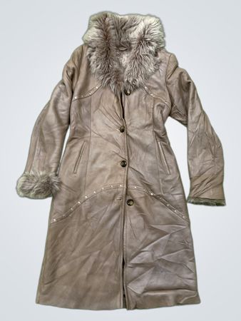 Brown Faux Leather Coat with Fur Trim