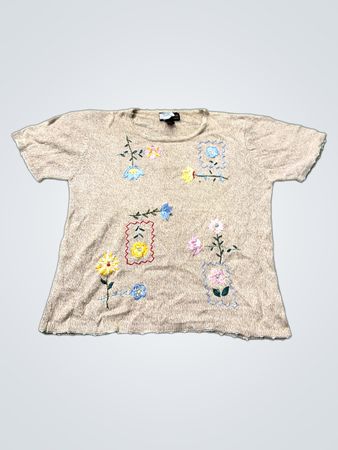 Beige bestickter Blumen-T-Shirt-Pullover
