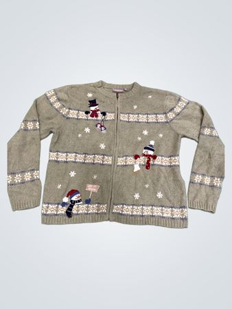 Croft & Barrow Damen grüner Schneemann Schneeflocke Reißverschluss Cardigan Pullover