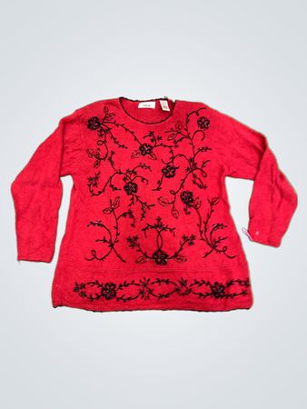 Worthington Damen Rote Perlen Blumen Langarmpullover
