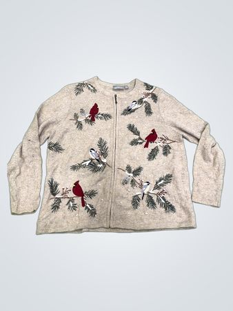 Croft & Barrow Woman 1X Beige Kardinal & Kieferbaum gestickter Reißverschluss-Cardigan