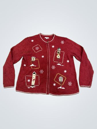 Croft & Barrow Damen Rot Winterlandschaft Bestickter Reißverschluss Cardigan Pullover