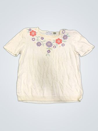 Alfred Dunner Damen Creme Floral Pailletten Kurzarmpullover