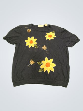 Alfred Dunner marineblau gesticktes Blumen- und Schmetterlings-T-Shirt mit kurzen Ärmeln